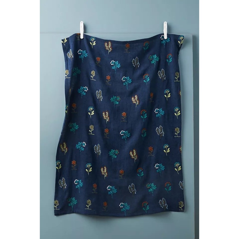 Anthropologie Stacia Indigo Embroidered Floral Boho Linen Blend Dish Towel OS
